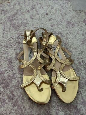 Jimmy Choo Metallic Gold Strappy Toe-Ring Sandals